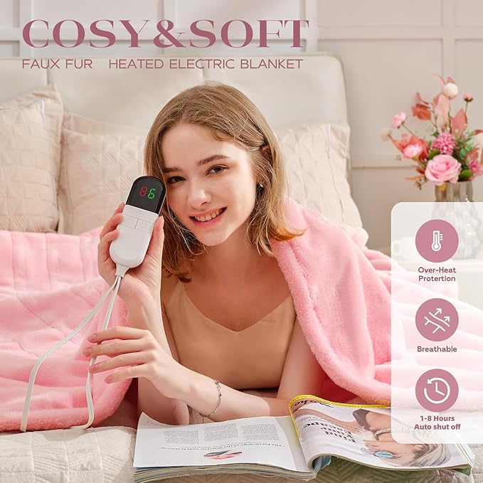 Premium Heated Blanket Twin 62"×84" - Ultra Cosy Soft Electric Blanket with 8 Heating Levels,Plush Fast Heating Faux Rabbit Fur Blanket for Bed & Couch - Auto Shut Off,Machine Washable (Pink)