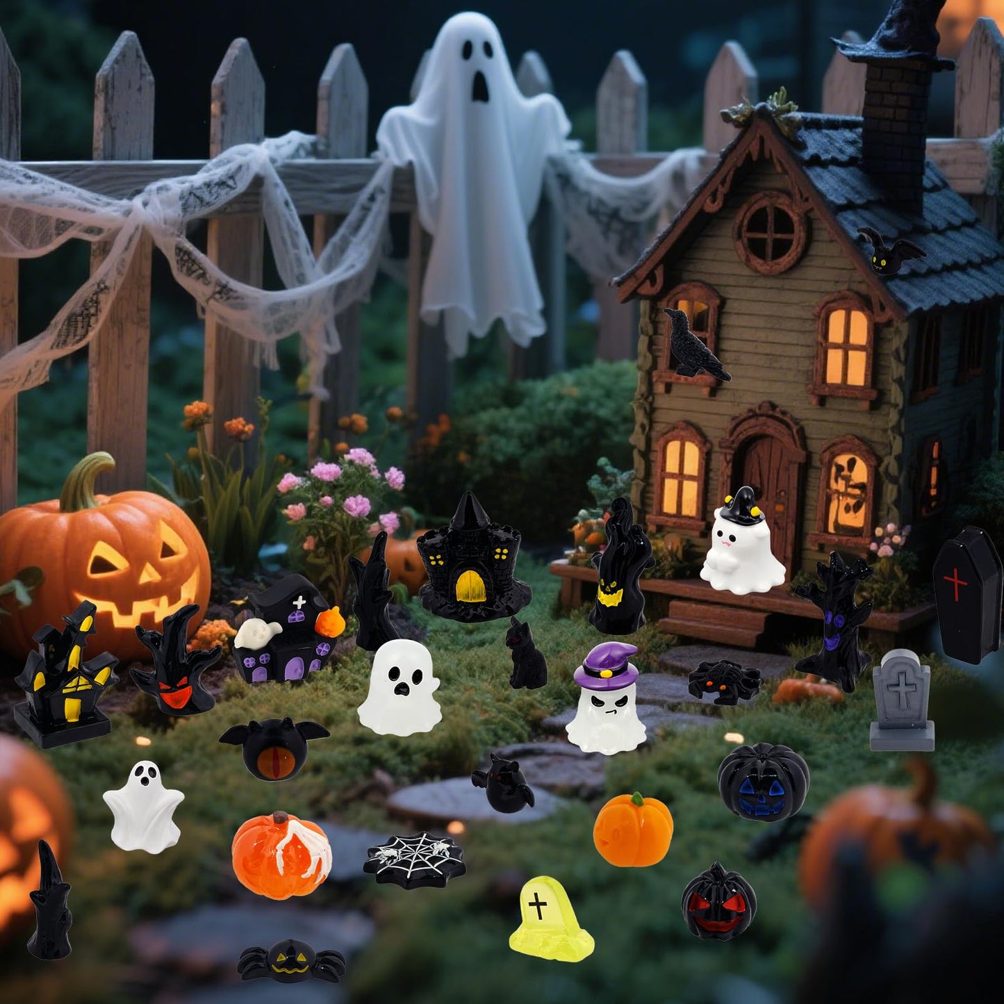 Bbiamsleep 54 Pcs Halloween Mini Resin Figurines Miniature Pumpkin Ghost Skull Tiny Resin Animals to Hide for Halloween Party Fairy Garden Decor
