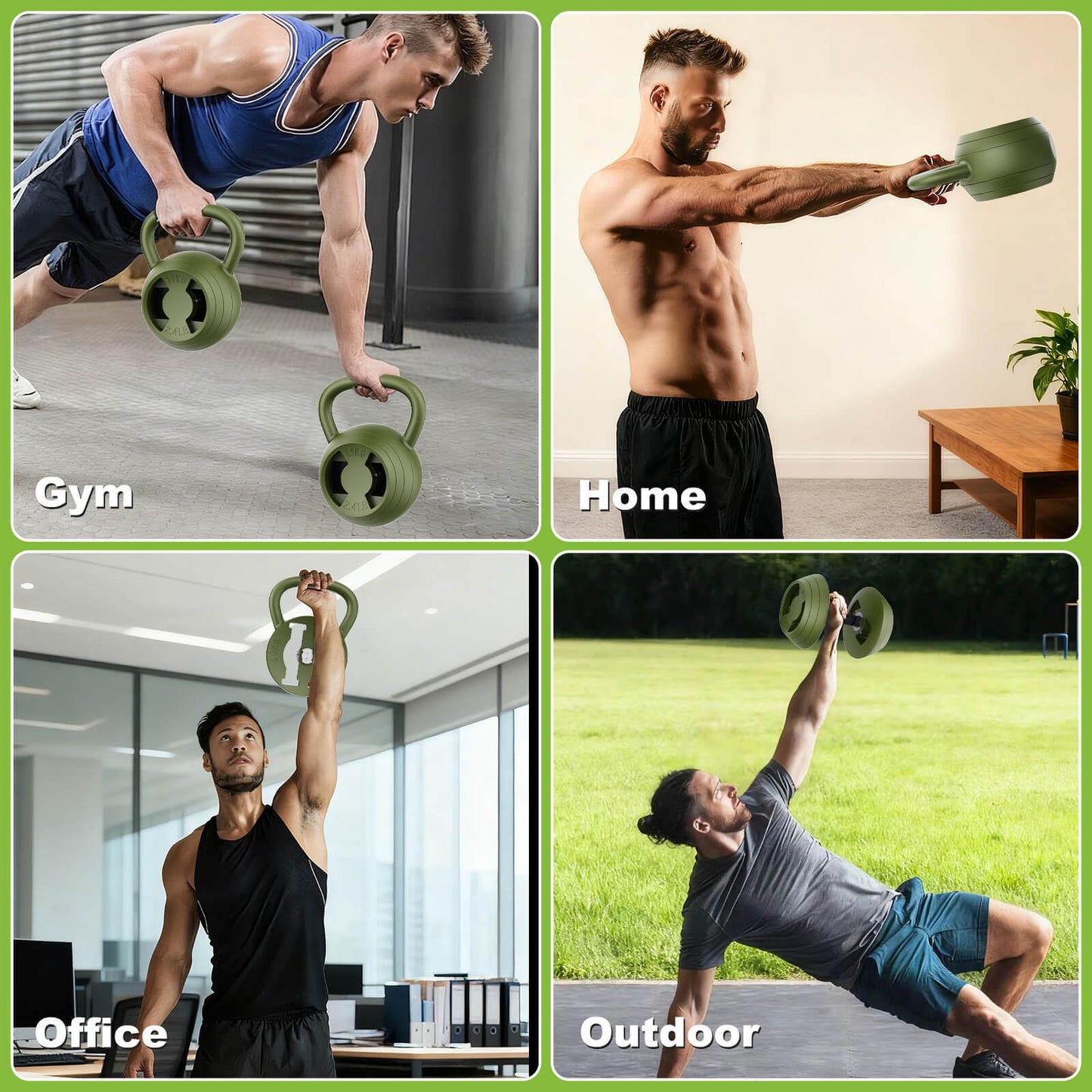 Hezeyferg 2-in-1 Adjustable Kettlebell, 15-45 LB Kettlebells Weight Set with Wide Grip, 4.8-30 LB Dumbbell Weights for Home Gym Strength Training (Green)