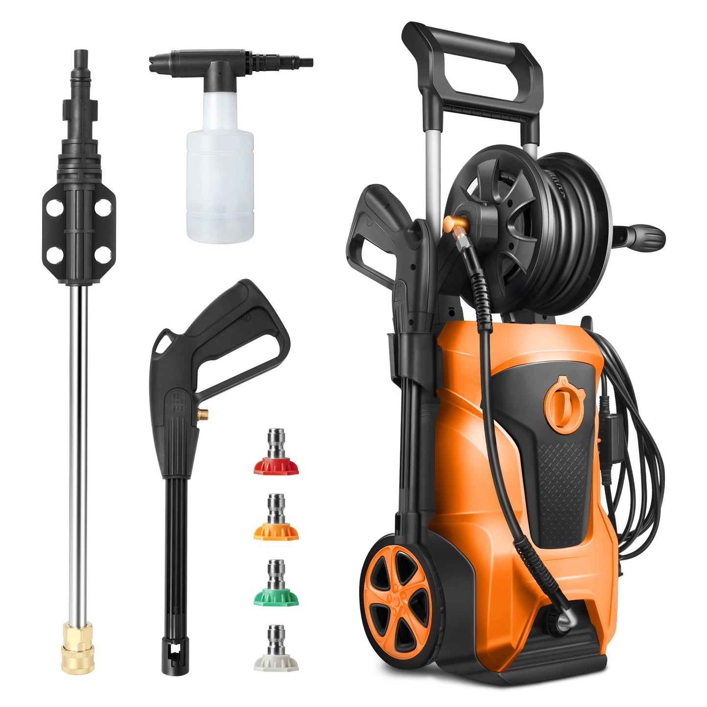 DNA Motoring TOOLS-00230 Up to 2176 PSI Pressure 2.4 GPM Max Flow Electric Pressure Washer for Yard and Car Cleaning with Spray Nozzle Foam Bottle + 4 Turbo Nozzles IPX5 Driveway Patio Deck(Orange)