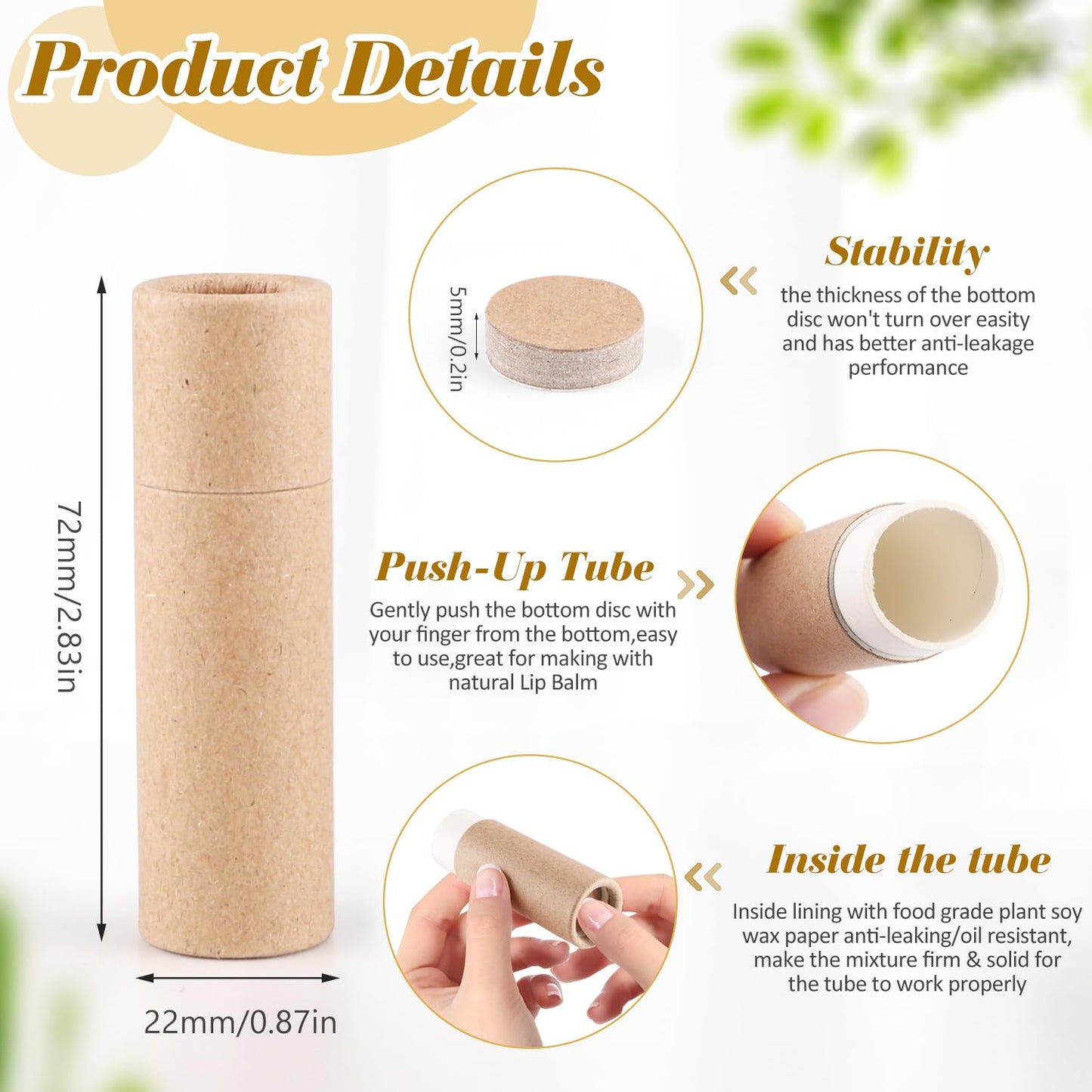 DMuuuDM 15 Pcs 0.3 oz Paperboard Lip Balm Tubes,Empty Kraft Paper Chapstick Tube Holder,Push-Up Style Biodegradable Solid Lip Gl