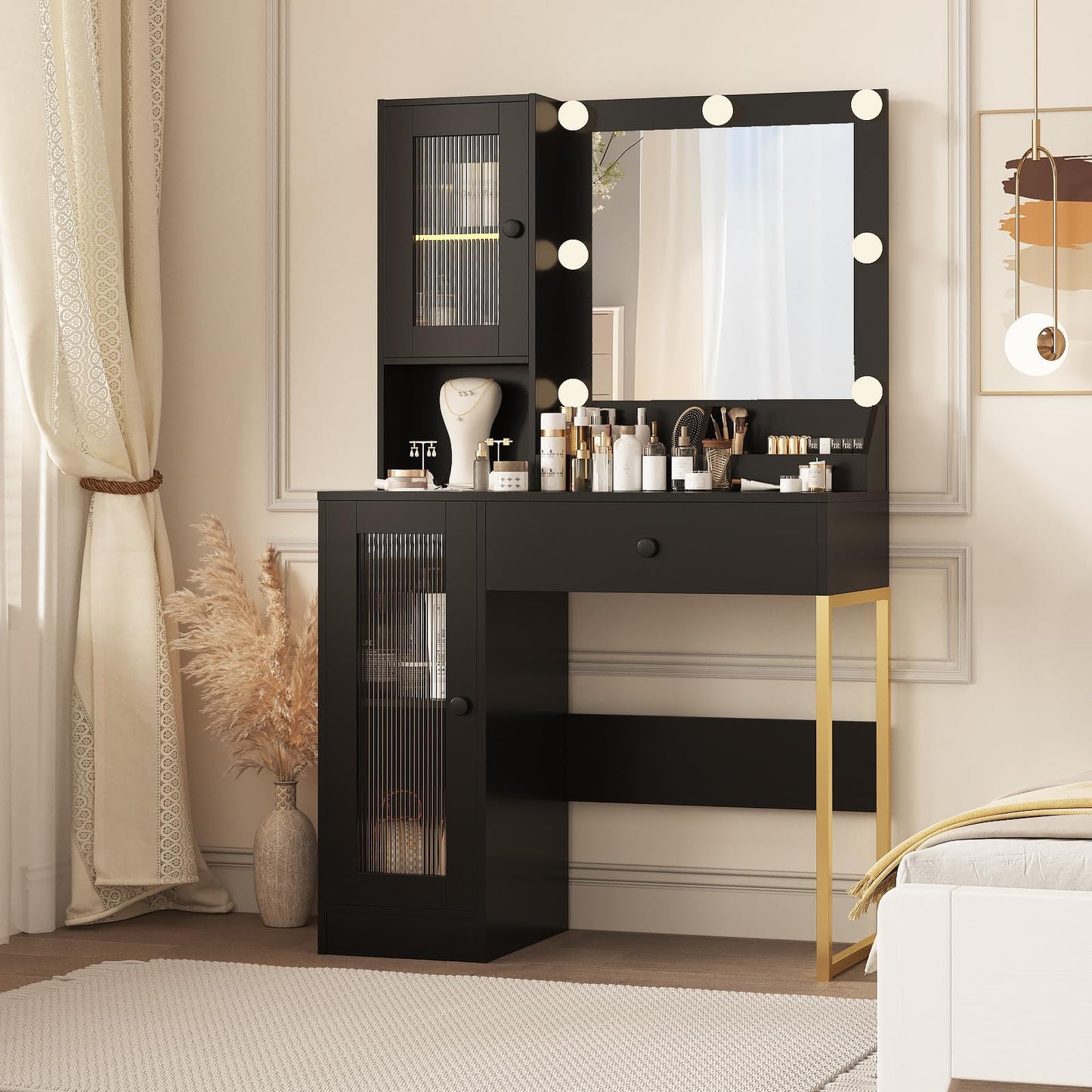 GarveeHome Makeup Vanity Desk with Mirror and Lights, Vanity Table with Charging Station, 2 Compartments, 2 Acrylic-Door Cabinets & RGB Lights, Dressing Table for Bedroom, Black Grain Finish
