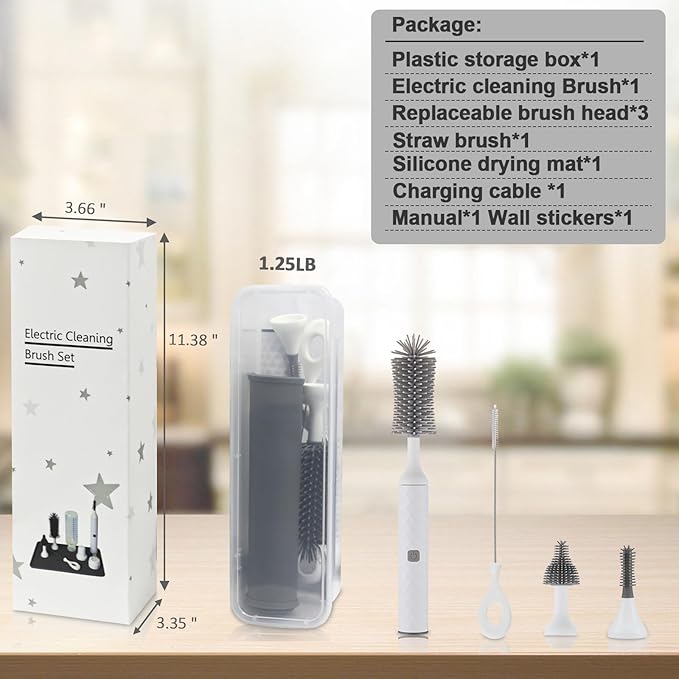Cleaning Brush Set with USB Rechargeable Electric Bottle Brush, 3-Piece Replaceable Silicone Bottle Brush and 8 * 12 inch Silicone Drying mat,Straw Brush Included in Storage Box(White)