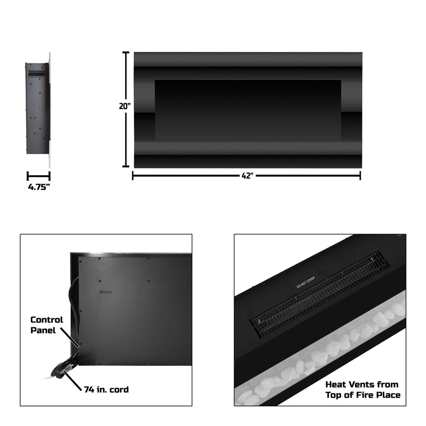 Electric Fireplace - 42 Inch Wall Mounted Fireplace Heater with Remote Control Adjustable LED Flames, Timer, Heat, and Brightness by Northwest (Black)
