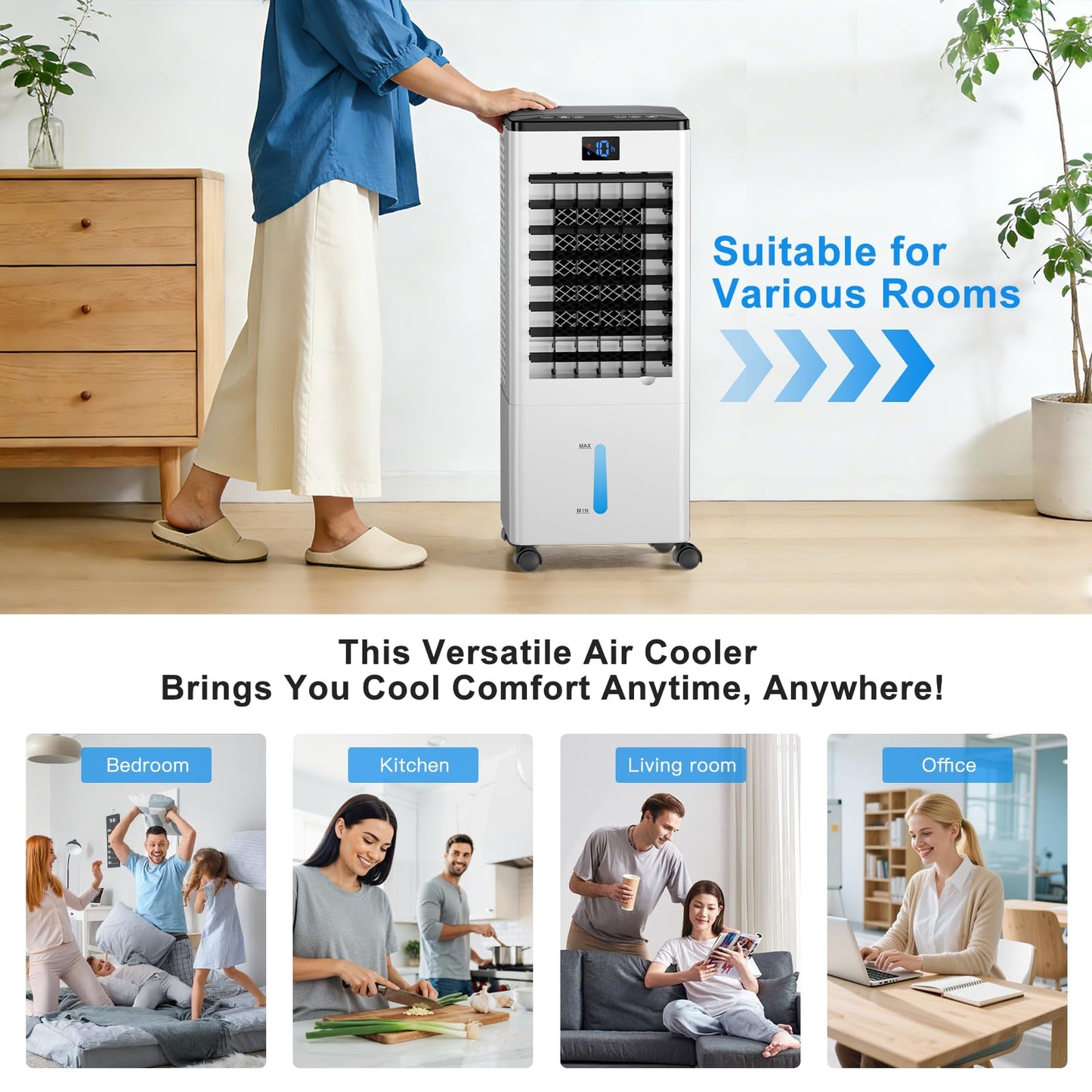 Portable Air Conditioners, 4-IN-1 Evaporative Air Cooler, Portable AC Unit w/ 4 Modes & 3 Speeds, Swamp Cooler w/ 12H Timer & Remote, Fast Cooling Room Air Conditioner for Bedroom Home Office Garage