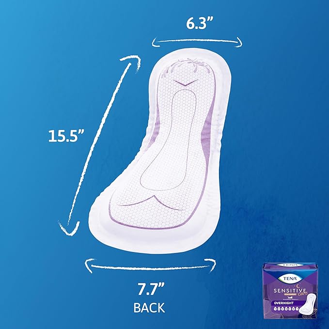 TENA Sensitive Care Incontinence Pads, Bladder Control, Postpartum for Women, Overnight Absorbency, Extra Coverage, 84 Count