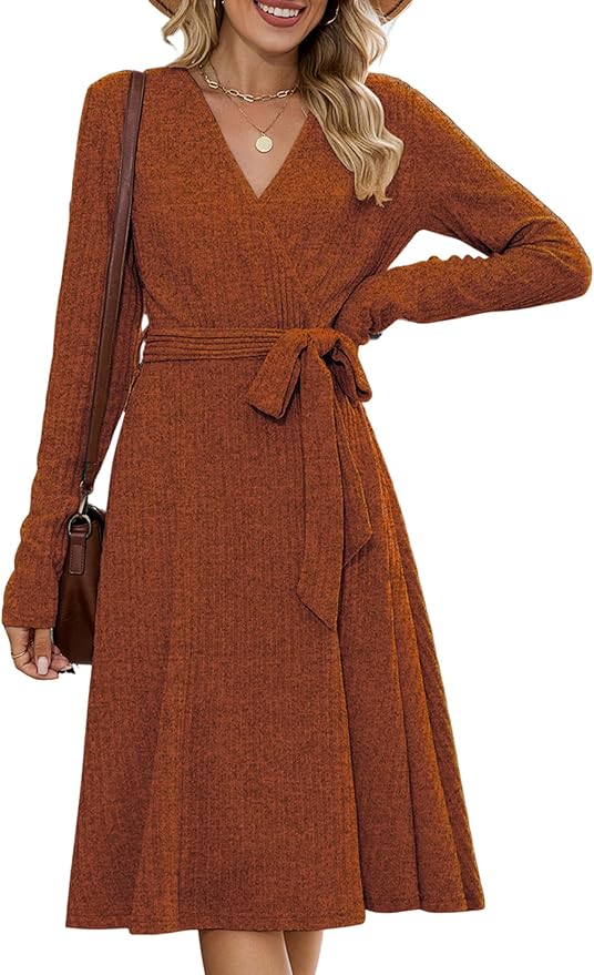 ZAFUL Women's 2025 Casual V Neck Long Sleeve Sweater Dress Wrap Ribbed Knit Pleated Midi Dresses with Belt
