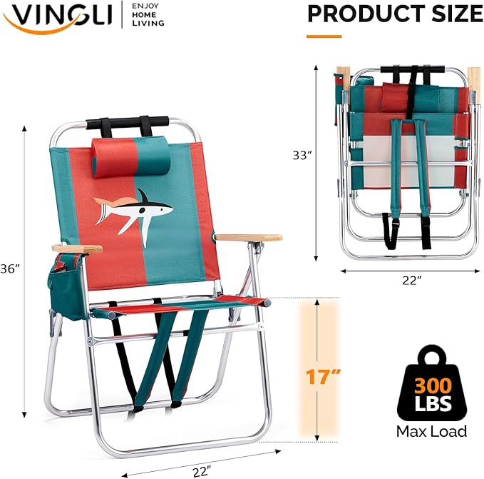 VINGLI Aluminum 17" Backpack Beach Chair – Tall Beach Chairs for Adults, Portable with Adjustable Straps, 3-Position Reclining, Cup Holder, High Lightweight Beach Chairs for Beach