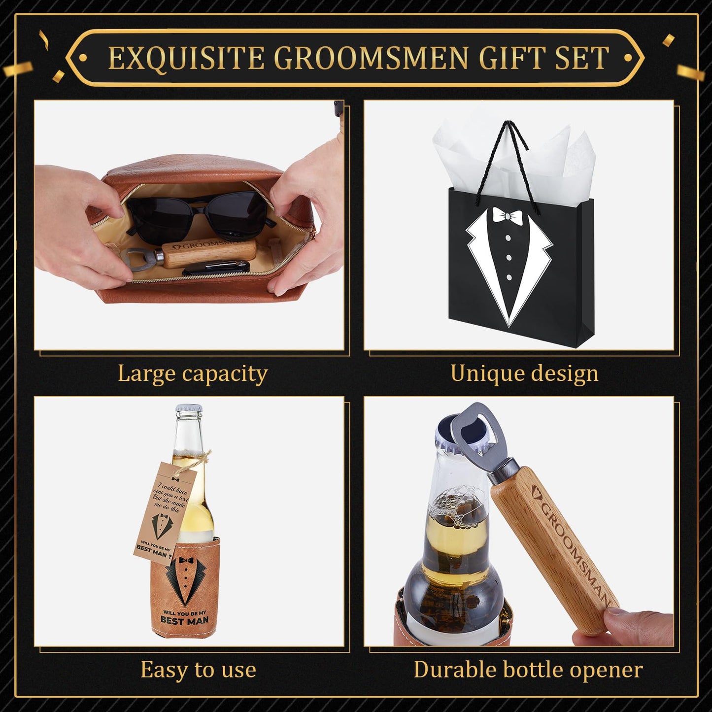 20Pcs Groomsmen Gifts Groomsmen Proposal Box with Shot Glasses Socks Sunglasses PU Leather Toiletry Bag Bottle Opener Can Cooler Groomsman Gifts for Wedding Groomsmen Best Man Gift (20, Brown)