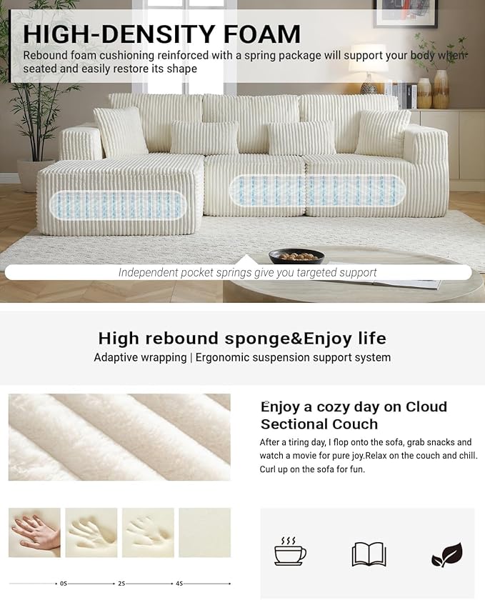 Vanress 110" Cloud Couch Sectional, Corduroy Boneless Couch with L-Shape Chaise,Modern Modular Sectional Sofa Comfy Deep Seat for Living Room, Bedroom, No Assembly (White, Right Facing Chaise)