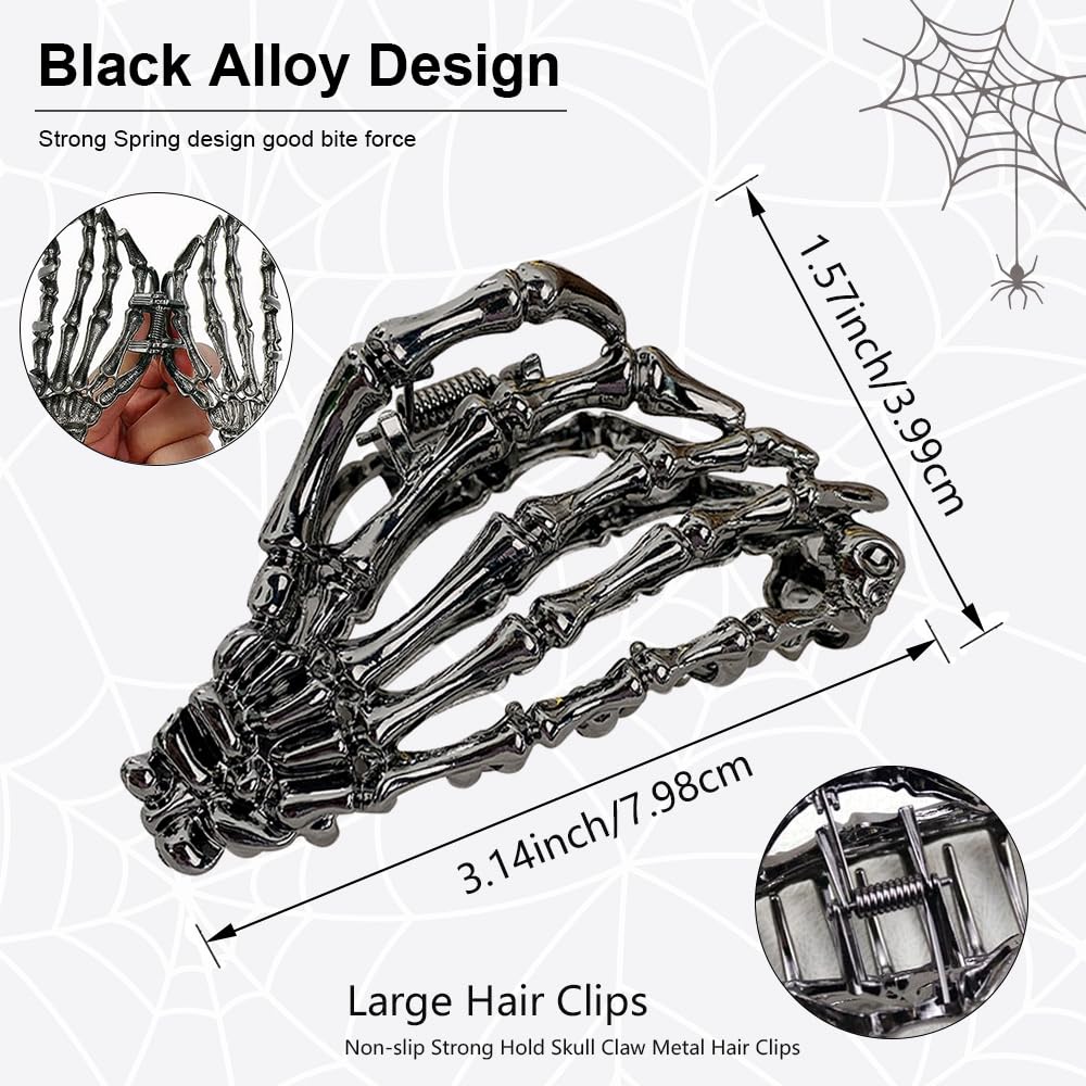 AIUPUOC Black Hair Clip with Skeleton Skull Design for Women's Hair Styling, Medium Metal Hair Claw Clips, Halloween Hair Accessories, 1 Count