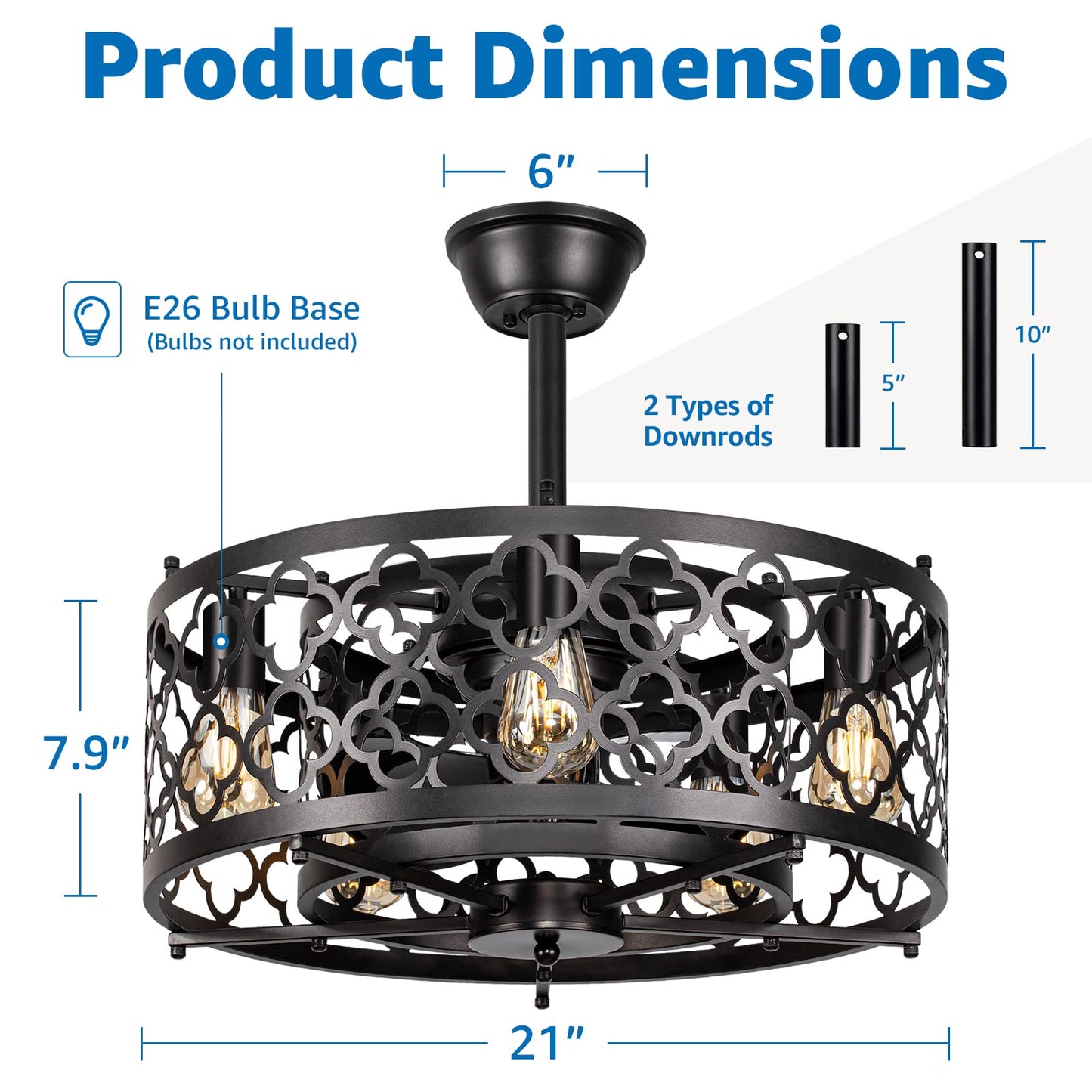 Sunvie Caged Ceiling Fan With Lights Remote Control 21In Industrial Bladeless Enclosed Ceiling Fan Light With Reversible Motor F