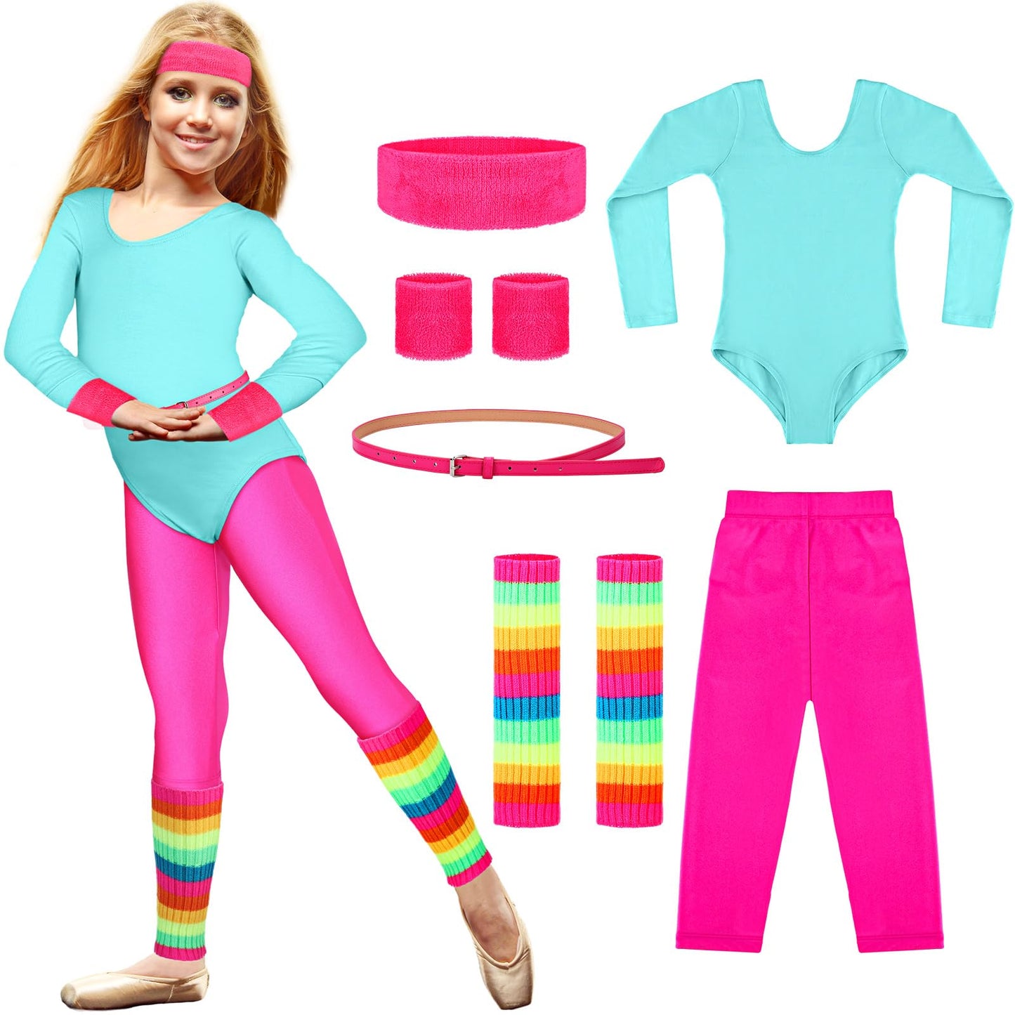 Hicarer 5 Pcs Kids 80s Workout Costume Outfit Accessories Set, Neon Leotard Legging Headband Wristband Leg Warmers Belt(2-3 Years)