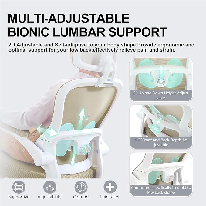 TUKAKA Ergonomic Office Chair,Ultra Thick Office Desk Chair with Adjustable Lumbar Support and Headrest,Spring Cushion,Rocking Function,Flip-up arms,Mesh Computer Chair for Home Office,Khaki
