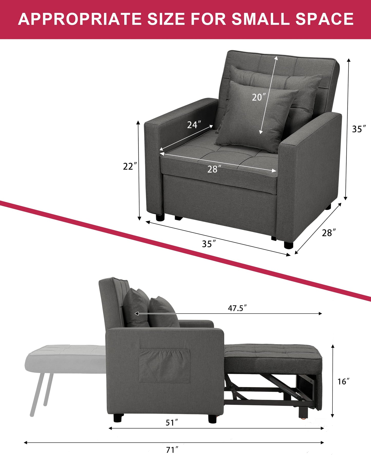 Litbird [Updated] Convertible Chair Sleeper Bed, Stepless Adjustable Backrest, Futon Chair Turns Into Bed, Sleeper Sofa for Living Room, 3 in 1, Linenette, Deep Gray