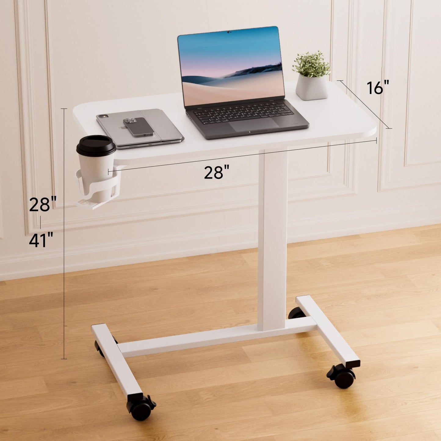 COMHOMA Adjustable Overbed Bedside Table with Lockable Wheels, Pneumatic Mobile Standing Laptop Desk, Small Standing Desk Portable Rolling Overbed Table Hospital Home Use(28" W x 16" D, White)