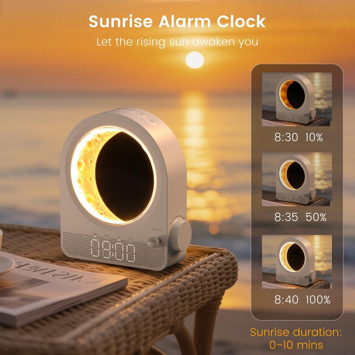 Epochleno Sunrise Alarm Clock, White Noise Machine & Meteor Moonlight - 10 Soothing Sounds, Dual Alarms, 30/60/90min Timer, Easy Snooze - Bedroom Gift for Insomnia Adults/Women - White