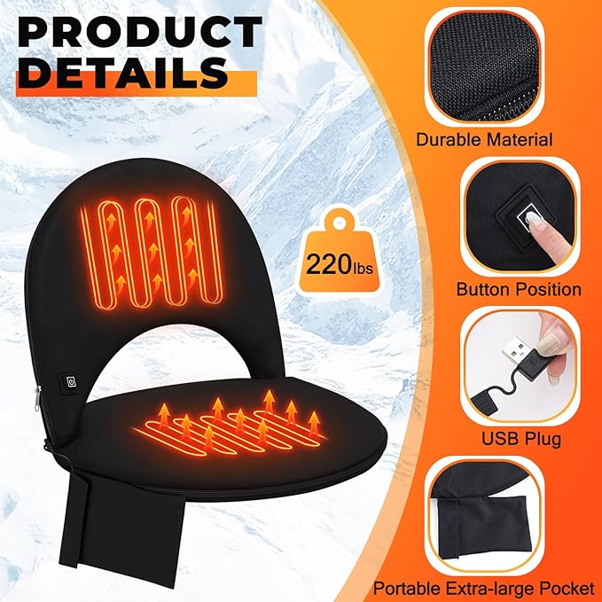 Teenyyou Heated Stadium Seat Cushion for Bleachers with Back Support Extra Portable Foldable Heating Stadium Seats Chair Pad with USB 3 Level Heating Pocket for Outdoor Sport
