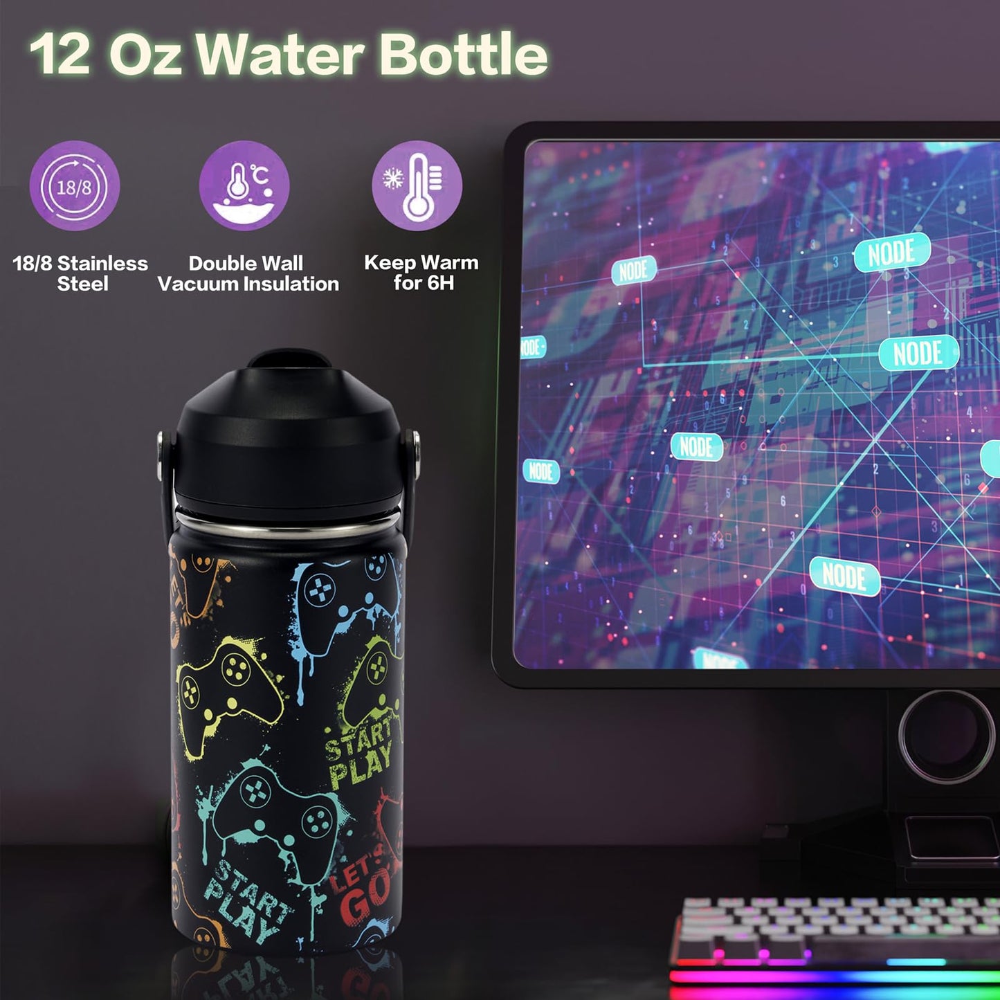 7 Pcs Gamer Gifts Set - Gaming Kids Water Bottle, Funny Cap, Socks, Keychain,Cool Gaming Stuff Accessories and Gift Box for Christmas Birthday School Classroom Men Dad Teen Boy Boyfriend Gamer Lover