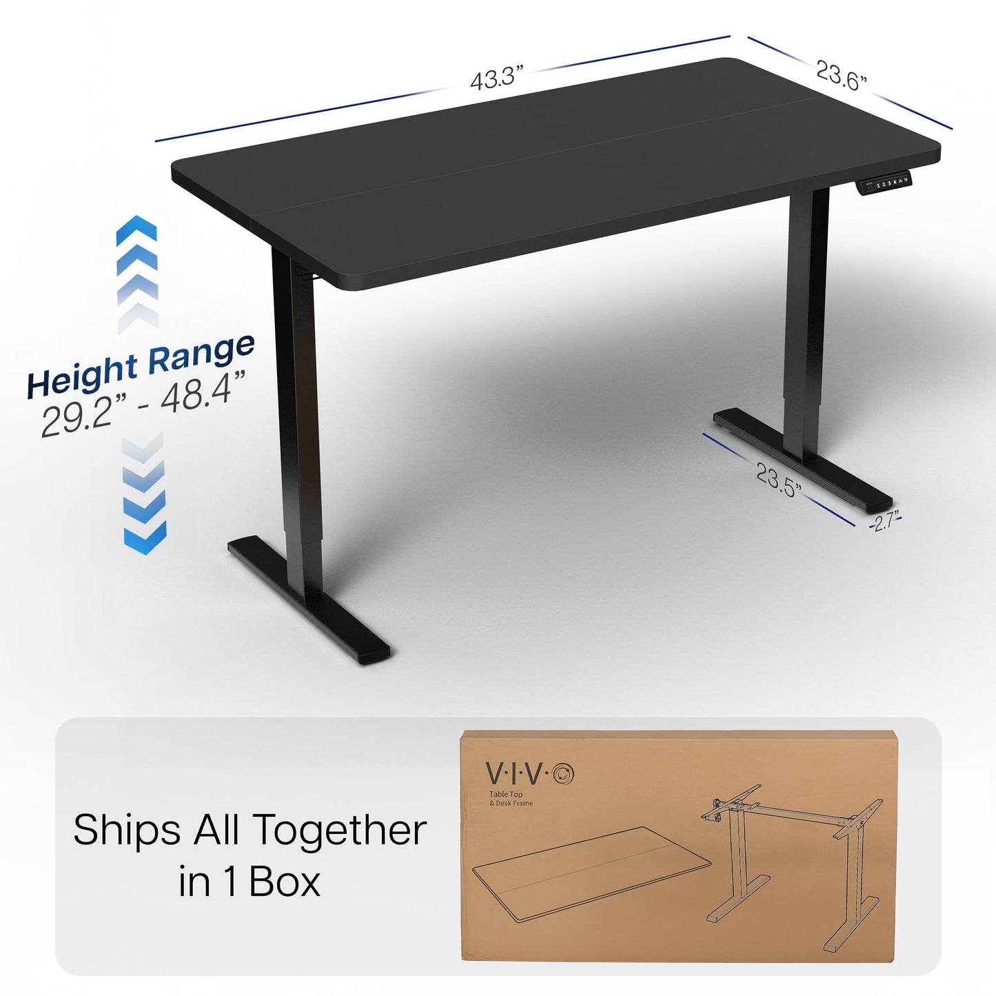 VIVO Electric 43 x 24 in Standing Desk, Memory Height Adjustment, 1B Series, Holds 220 lbs, Black Top, Black Frame, DESK-1B4B