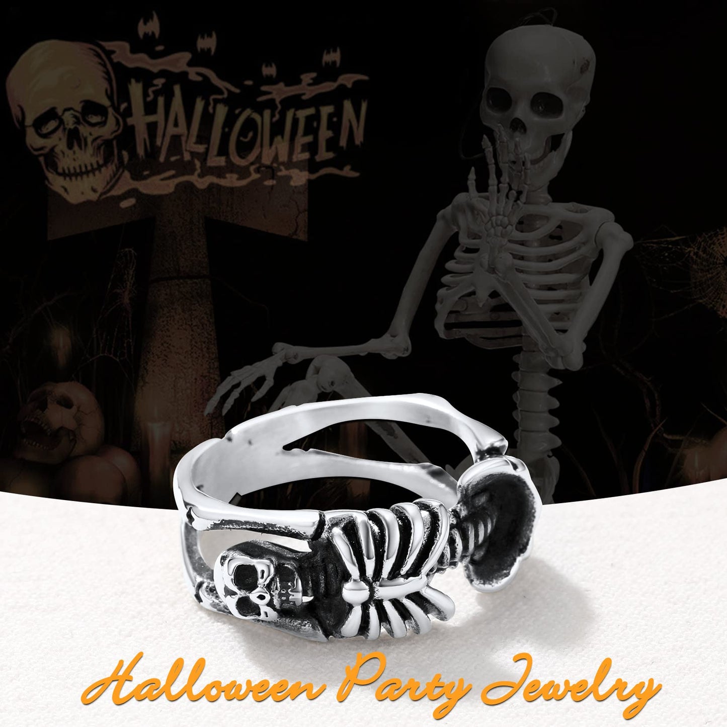 U7 Gothic Skull Ring Stainless Steel Skeleton Biker Ring Men Women 9mm Wide Band Halloween Rings Size 7