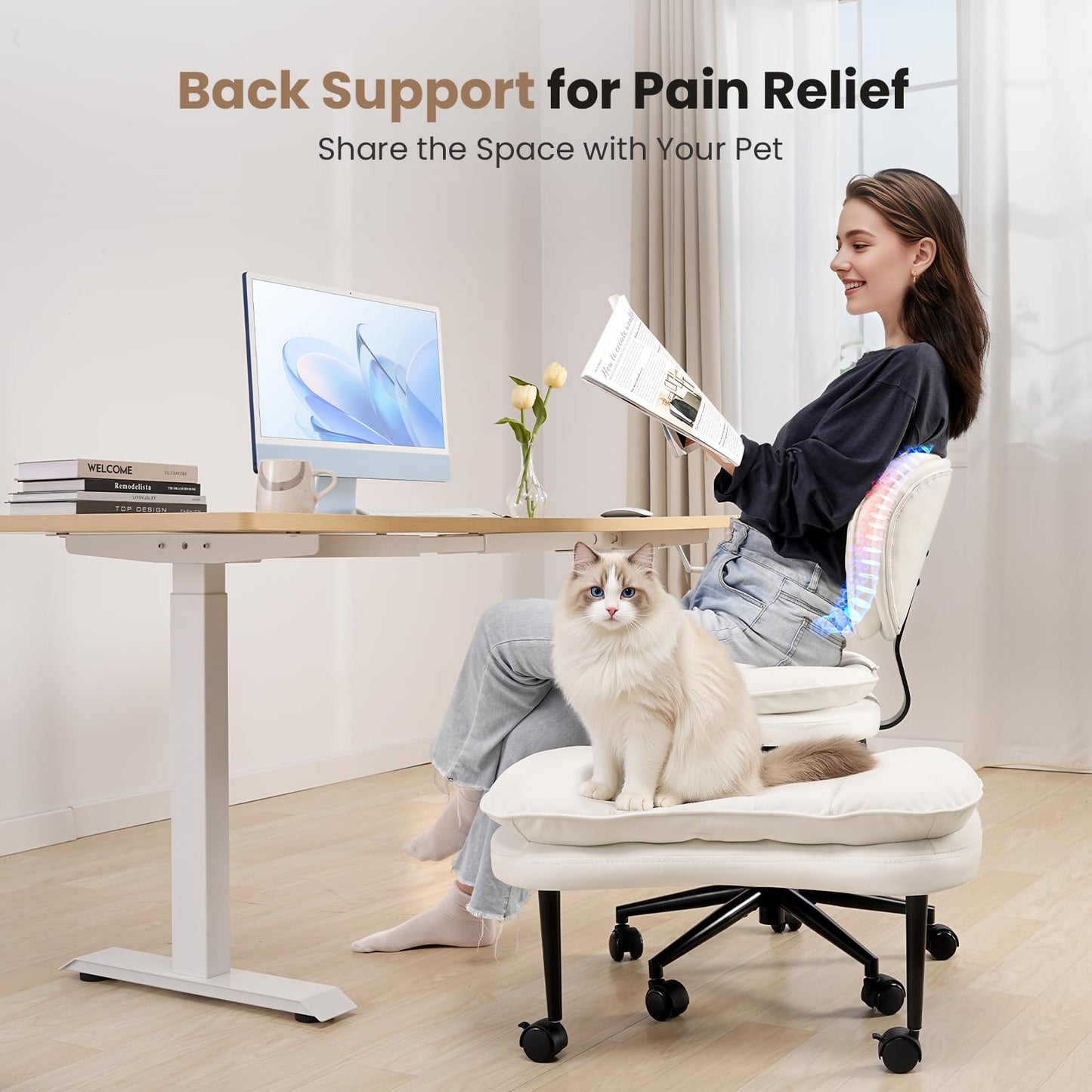 HOMRELEXA Cross Legged Office Chair, Ergonomic Cloud Criss Cross Desk Chair, Meditation Chair with Wheels, Height Adjustable Seat for ADHD, Wide Kneeling Chair with Back Support