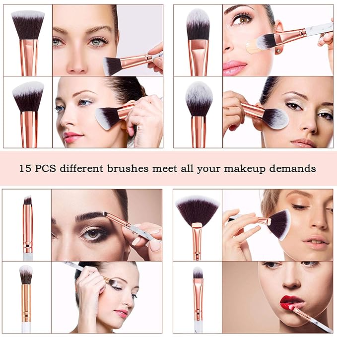Makeup Brushes DUAIU 15PCs Marble Makeup Brush Set Premium Synthetic Kabuki Powder Blush Contour Foundation Concealer Eyeshadow Brushes with Makeup Sponge Make up Tool A Grey