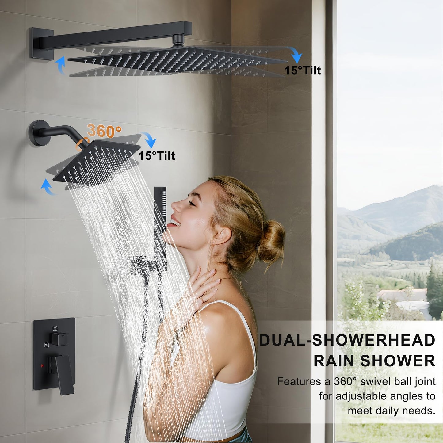 FAROLAN Rain Shower System Matte Black Shower Faucet Set, Dual Rainfall Shower Head Set with 2 in 1 Handheld Spray, Wall Mounted Bathroom 12-inch & 6-inch Square Showerheads with Valve, Matte Black