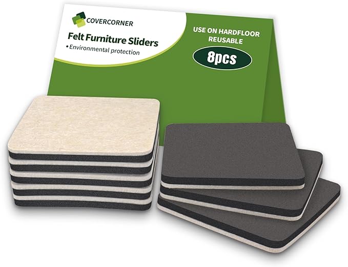 COVERCORNER Furniture Sliders for Hardwood Floors 8 PCS - 5 inch Square Sliders for Moving Furniture – Felt Furniture Pads for Hardwood Floors