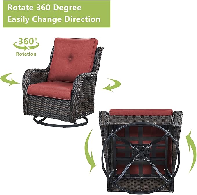 Rilyson Wicker Patio Furniture Set - 7 Piece Rattan Outdoor Sectional Conversation Sets with 2 Rocking Swivel Chairs,2 Ottomans,2 Sofa and 1 Coffee Table for Porch Deck Garden(Brown/Red)