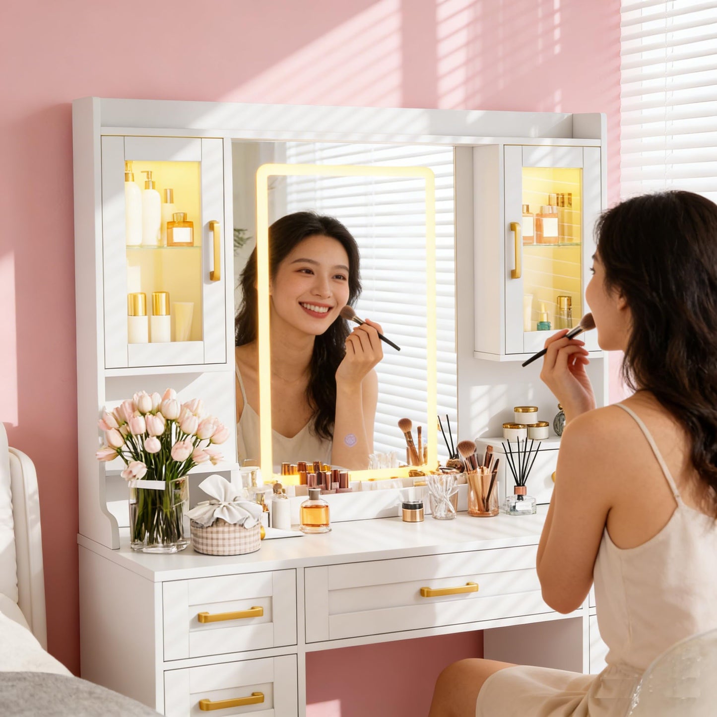NUNU LAB Large Vanity Desk with Mirror and Lights - 7 Drawers & 4 Cabinets Extra Storage Capacity, Makeup Vanity Table with 3-Color Adjustable LED for Bedroom (043 No Bench, 42.1 * 15.75 * 57.7in)