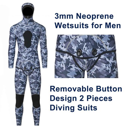 NVKIC Mens Wetsuit 3mm Neoprene Stretch Camouflage Printing Snorkeling 2-Pieces Hooded Diving Suits Blue Color XXL