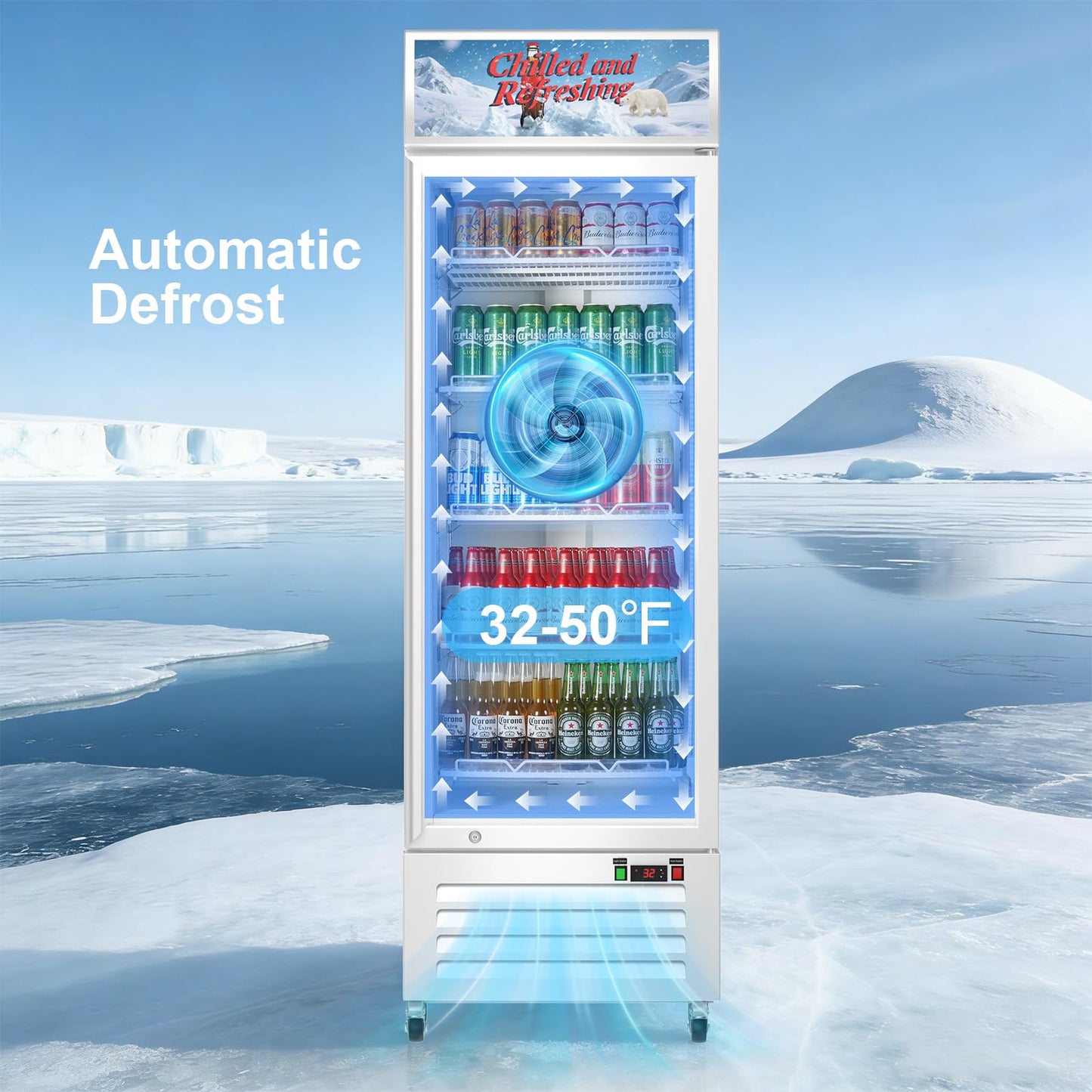 Velieta Commercial Beverage Refrigerator with Glass Door, 383L Display Fridge Beverage Cooler with Customizable Lightbox Adjustable Shelves, Drink Fridge Merchandiser for Restaurant Shop, White