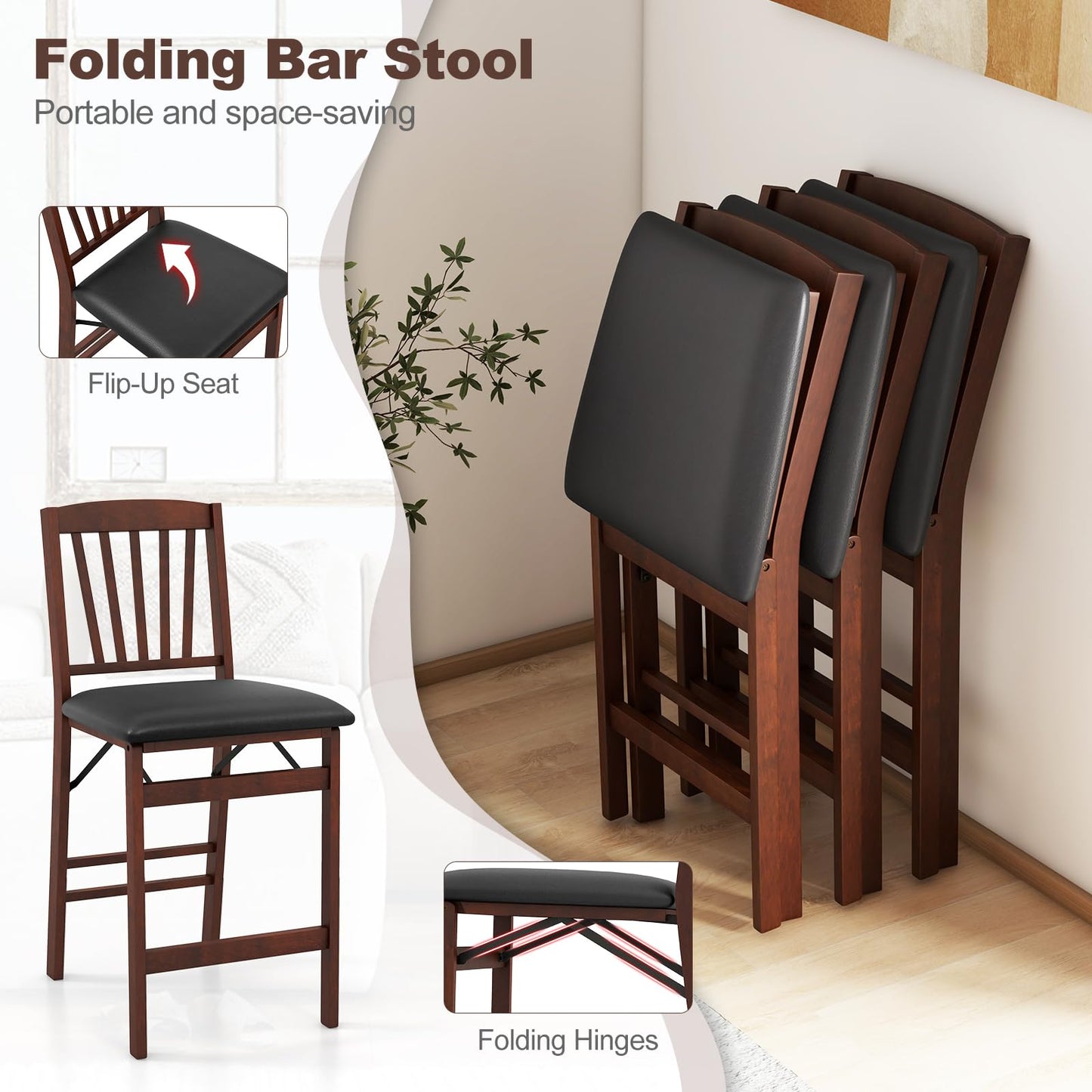 COSTWAY Set of 2 Counter Height Chairs, 24.5" Bar Stools Set, Folding Kitchen Island Stool with Padded Seat, Footrest & Rubber Wood Legs, No Assembly Needed, Portable Bar Chair for Dining Room