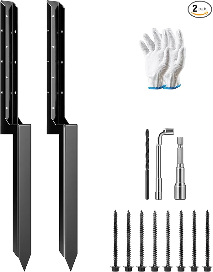 VIVOSUN Fence Post Repair Kit, Heavy-Duty Ground Spike with Gloves for Repairing Tilted or Broken Wood Posts (2 Pack, Black)