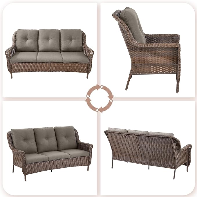 ACTREST Patio Couch Outdoor Wicker Sofa - Heavy Duty All-Weather Brown Rattan 3-Seater with High Back and Comfortable Thick Cushions for Garden Back Porch Poolside Apartment - Grey