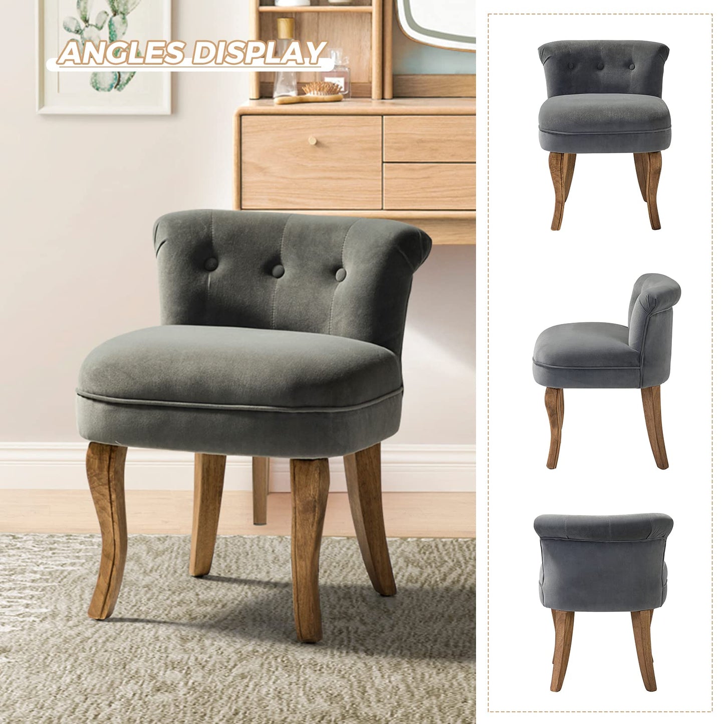 HULALA HOME Velvet Vanity Stool with Low Back, Modern Vanity Chair with Solid Wood Legs, Small Upholstered Makeup Chair Home Decor for Bedroom Living Room Dressing Table, Women Girls, Grey