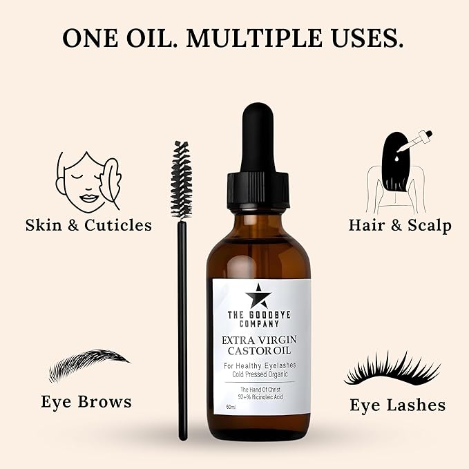 USDA Organic Castor Oil for Eyelashes and Eyebrows Growth - 100% Pure Cold-Pressed, Hexane-Free 60ml with Applicator - Handcrafted in Florida for Hair, Skin & Lashes