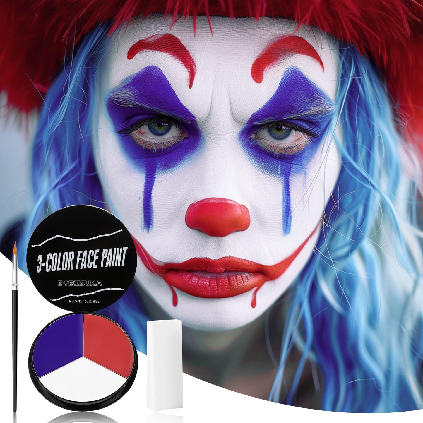 US Flag Red White Blue Face Painting Kit, 3 Colors Facepaint + 3PC Sponge + Brush for Halloween Costume Clown Joker, Eye Black f