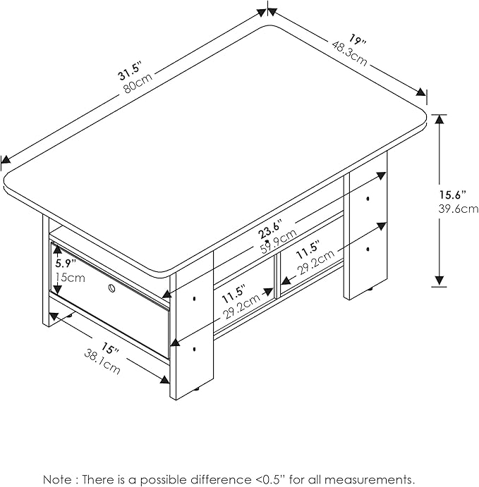 Furinno Andrey Coffee Table with Bin Drawer, Americano/Medium Brown, Small Non-Lift Top