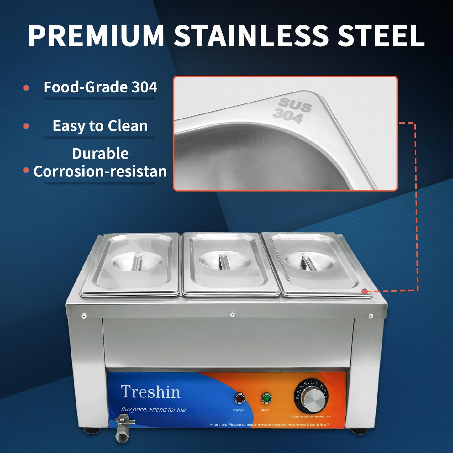 Treshin 3 Pan Commercial Food Warmer 21 Qt Capacity 1200W Stainless Steel Electrical Bain Marie Buffet Food Warmer Steam Table with Temperature Control & Lid for Home, Party, Catering, Restaurants