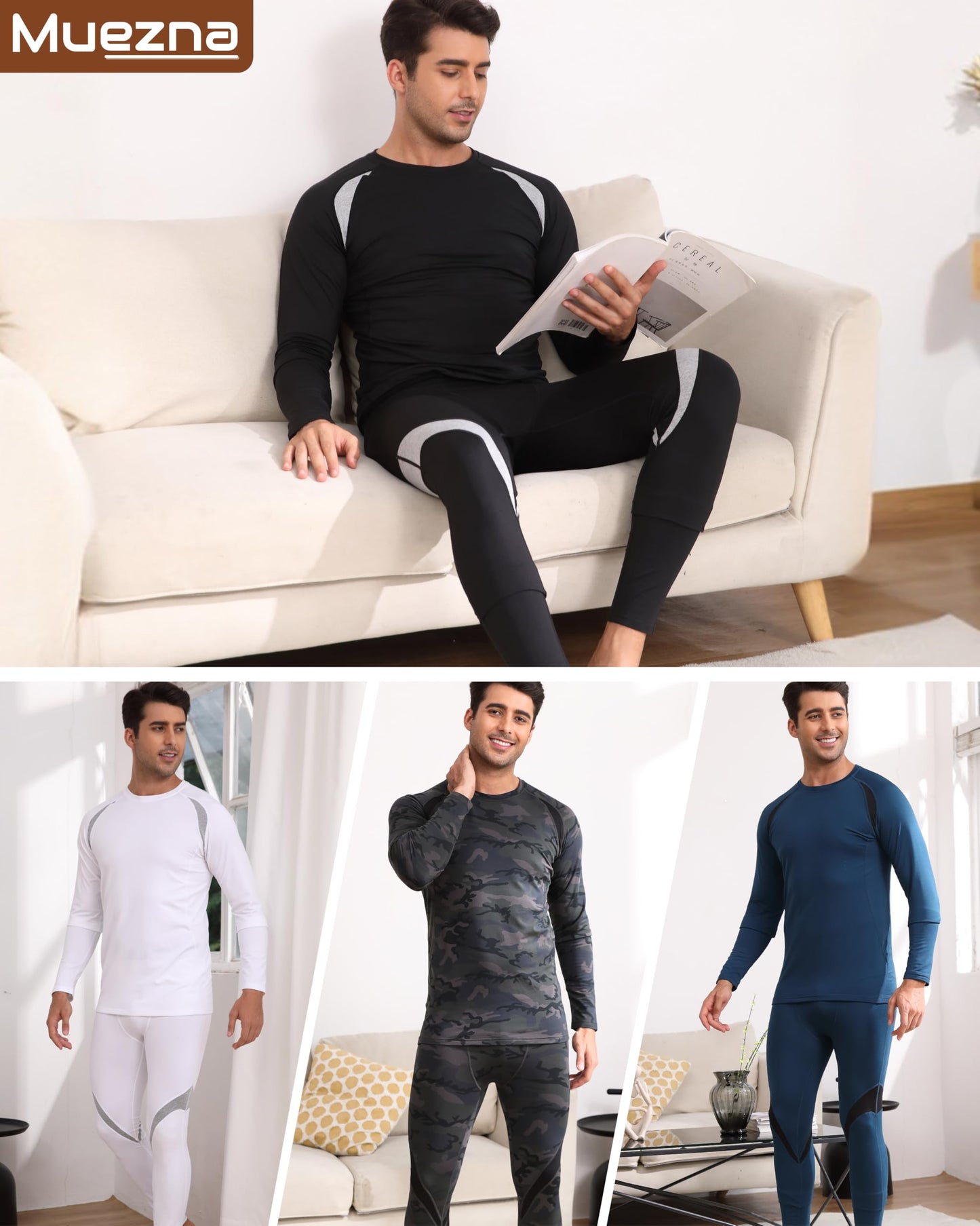 Muezna Men's Thermal Top and Bottom Set Underwear Long Johns Base Layer with Soft Fleece Lined Black