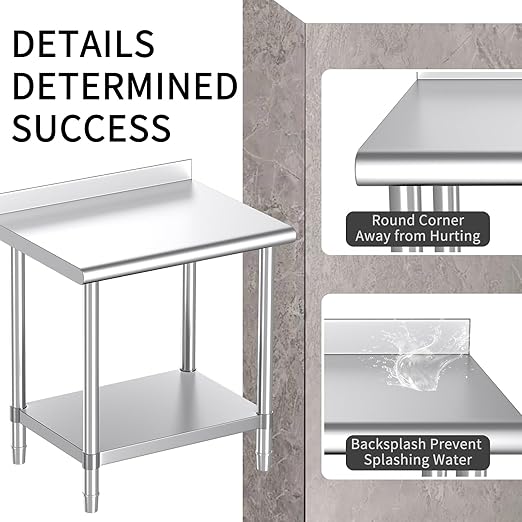 Mioleu Stainless Steel Table, 30 x 24 Inches Commercial Metal Prep & Work Table with Backsplash and Adjustable Undershelf for Kitchen Restaurant Home Garage Warehouse