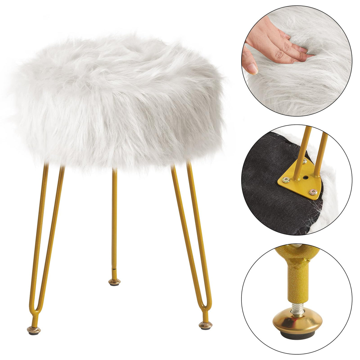 IBUYKE Faux Fur Vanity Stool Chair, Furry Makeup Stool Ottoman, Soft Padded Seat, Round Footrest Footstools with 4 Metal Legs, for Living Room Bedroom Entryway, White LG-32W