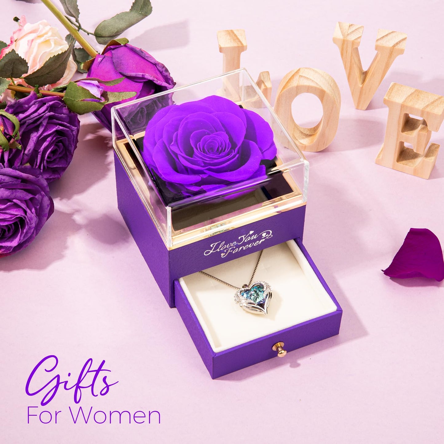 NEWNOVE Preserved Real Purple Rose with Angle Wings Necklace, Mothers Day Flowers Gifts for Mom Grandma Wife Girlfriend, I Love You Gifts for Her, Anniversary or Birthday Gifts for Women