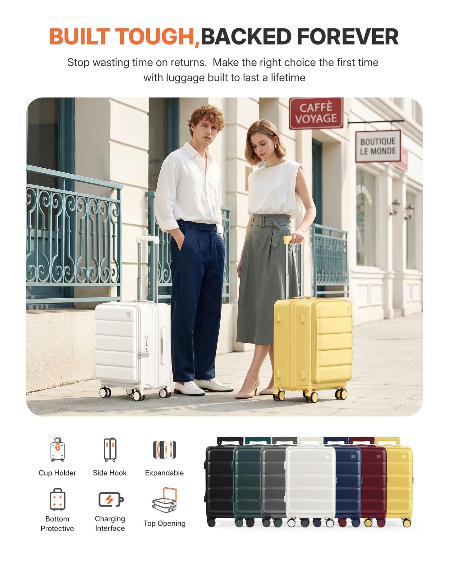 ISLAND ELEPHANT Expandable 20Inch Carry On Luggage Airline Approved - Top Opening Hardside Travel Suitcase Unbreakable -with Cup Holder,USB Charge,Side Pothook, 360°Spinner Wheels, TSA Lock-Grey