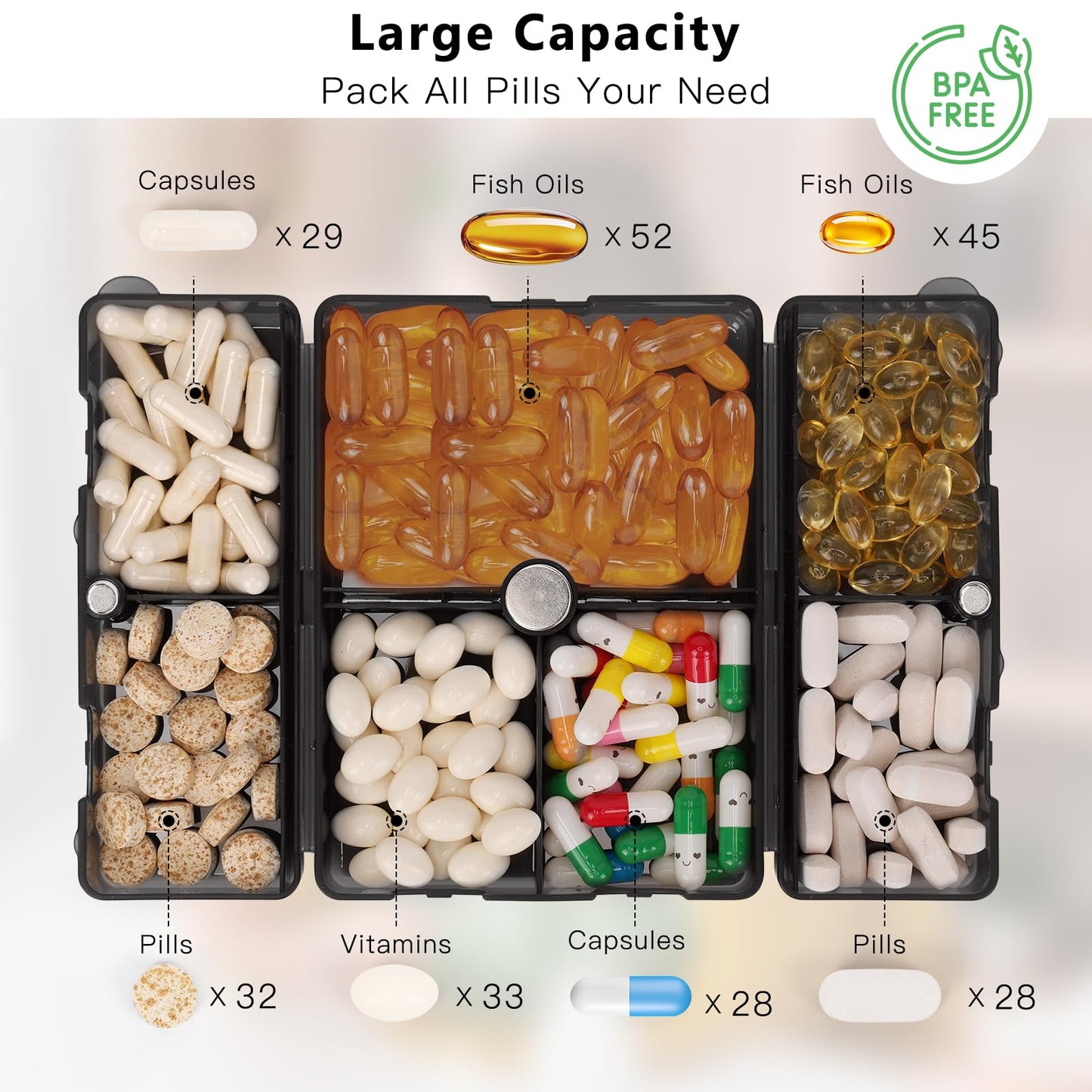 FYY Daily Pill Organizer,2 Pcs 7 Compartments Portable Pill Case Travel Pill Organizer,[Folding Design]Pill Box for Purse Pocket to Hold Vitamins,Cod Liver Oil,Supplements and Medication-Clear Black
