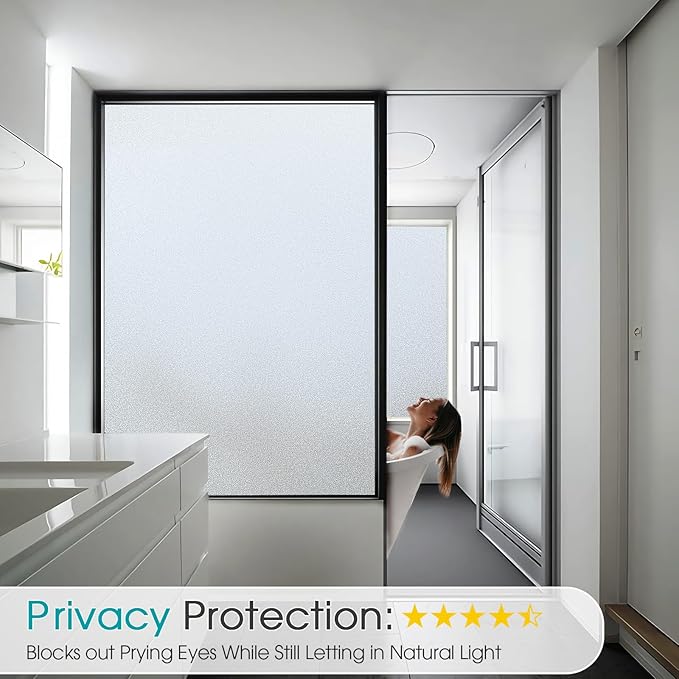 Coavas Window Privacy Film Frosted Glass Static Clings, Decorative Bathroom Door Privacy Film Day and Night, Heat UV Blocking Anti-Glare Frosting Stickers Renter Non-Adhesive, 45.2 x 157.5 Inch, Pure
