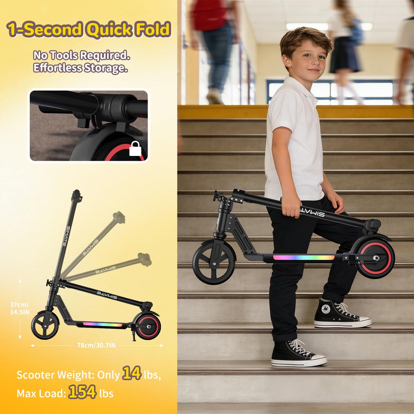 SIMATE Electric Scooter for Kids, Motorized E-Scooters with Colorful Front Light and Pedal Lights, LED Display & Foldable, Dual Braking System, Top 8.7mph & 5 Miles, Gifts for Kids, Girls, Boys, Teens