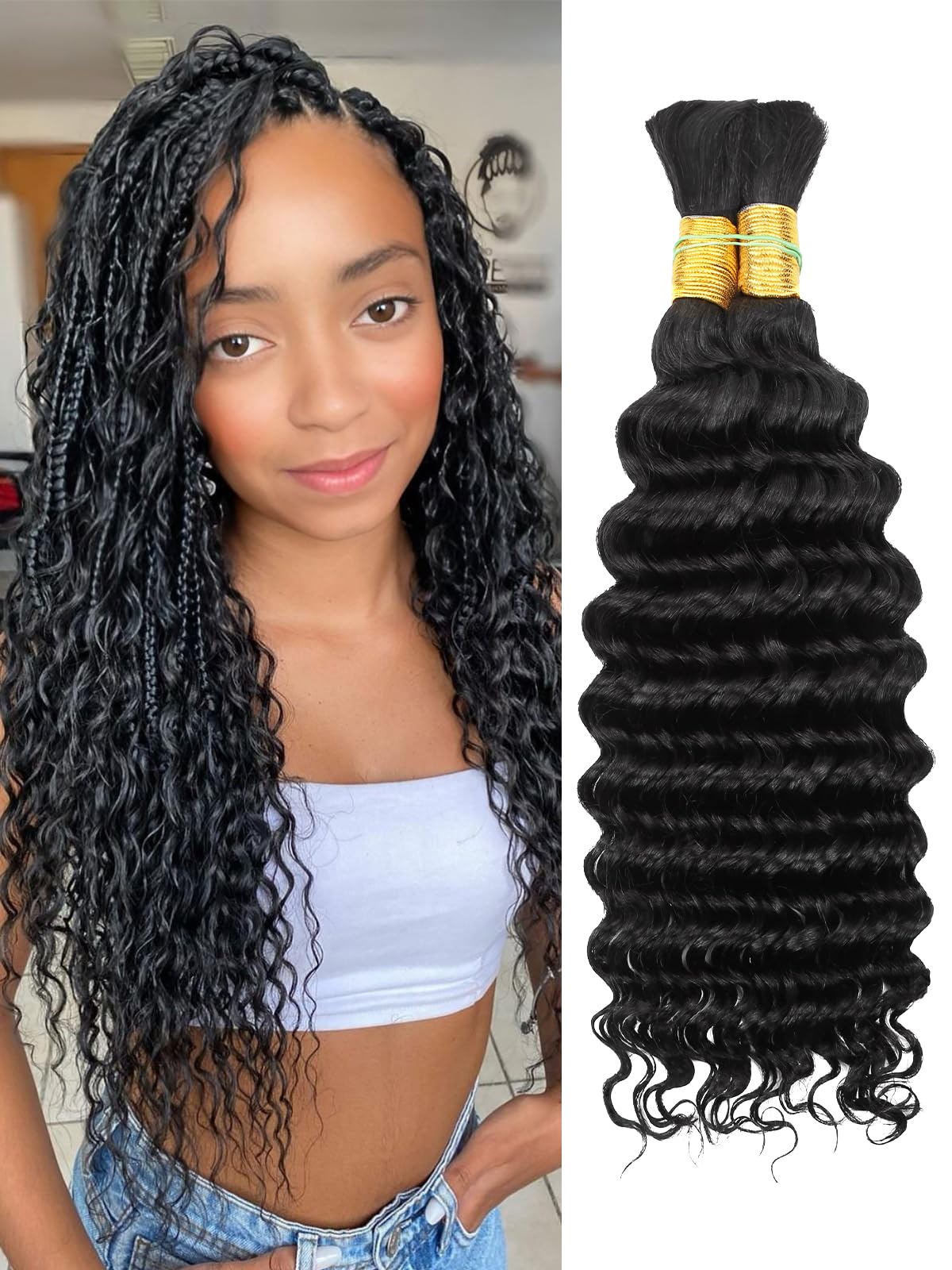 1B Black Human Braiding Hair Deep Wave Bulk,No Weft Curly Hair Extensions for Boho Braids Wet and Wavy Braiding Human Hair Bundl